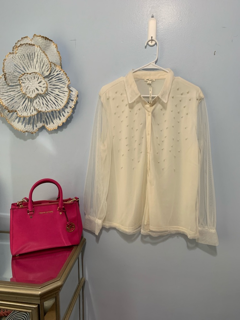 Ultra Pink Cream Sheer Beaded Blouse size X-Large